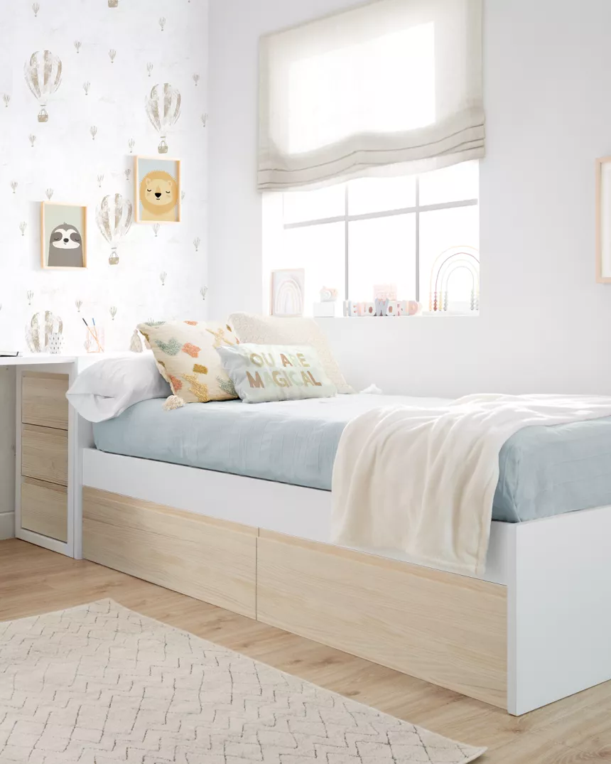 Cama com gavetas em madeira branca e natural - Peseira baixa