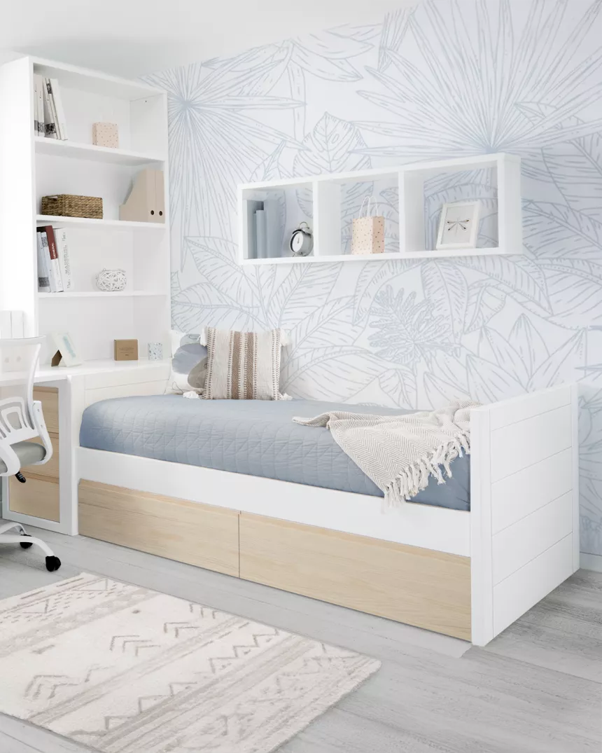 Cama jovem com gavetas em madeira branca e natural - Lineal