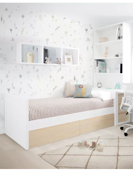 Cama jovem com gavetas em madeira branca e natural - Lineal