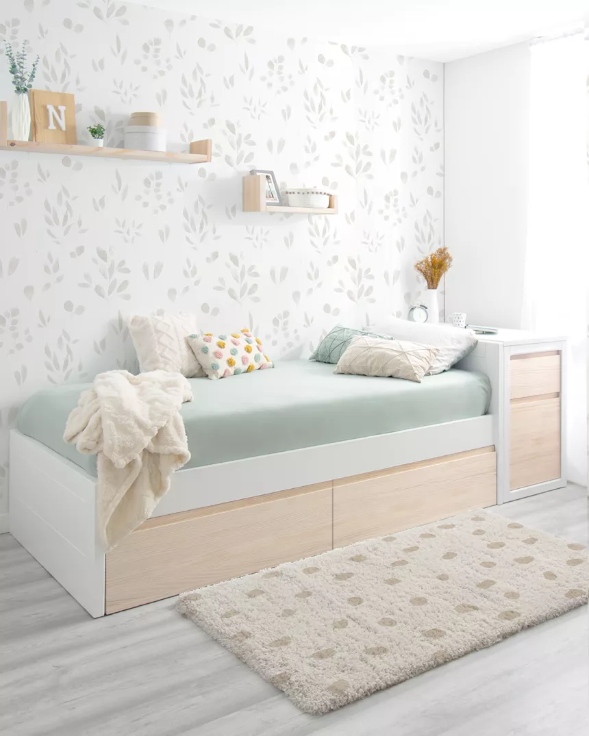 Cama juvenil linear com gavetas em madeira natural - Cabeceira baixa