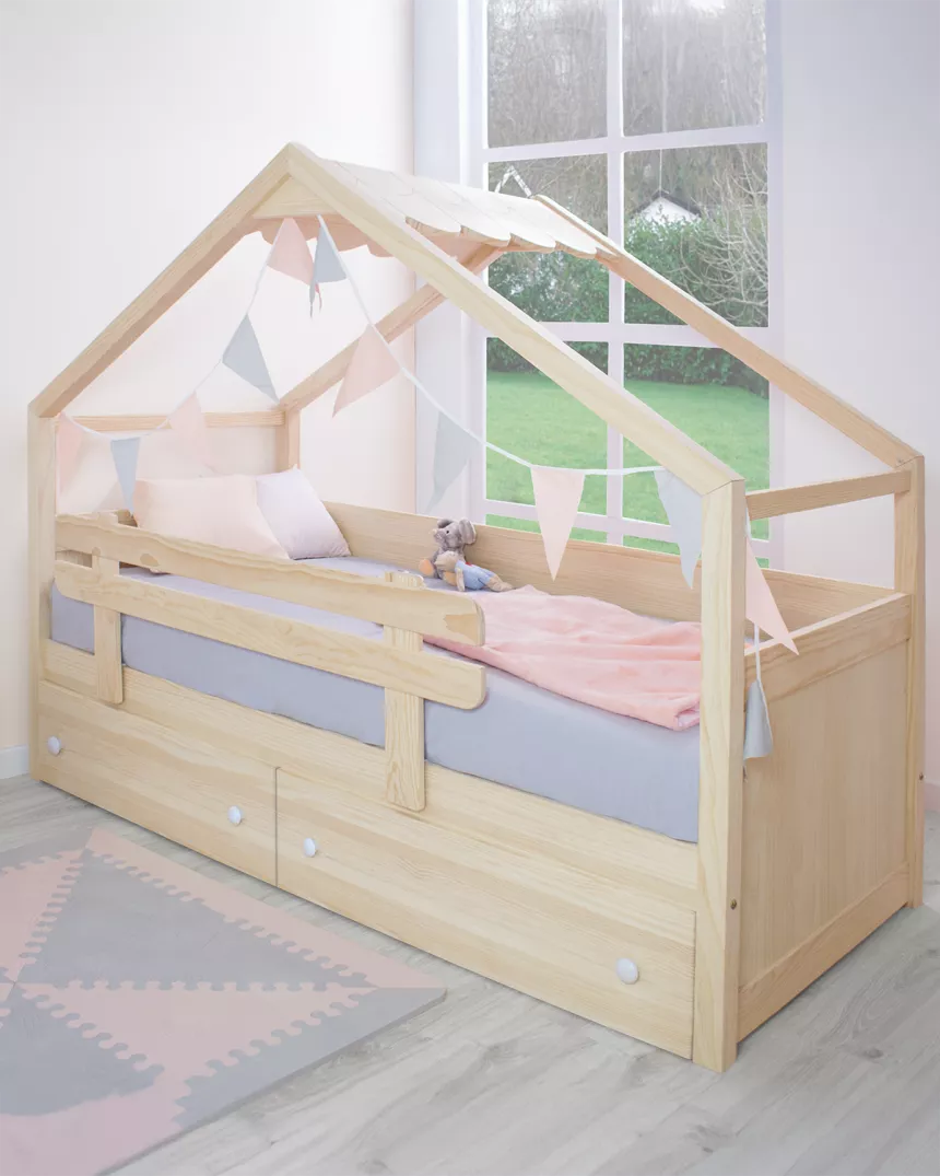 Cama casinha com gavetas em madeira natural telhado - Entrega gratuita