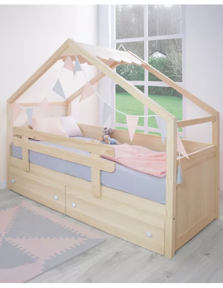 Cama casinha com gavetas em madeira natural telhado - Entrega gratuita