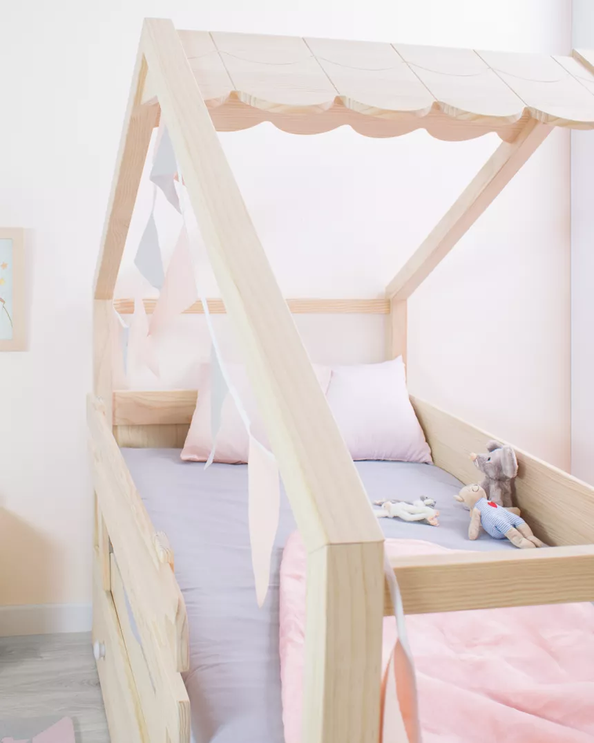 Cama casinha com gavetas em madeira natural telhado - Entrega gratuita 2