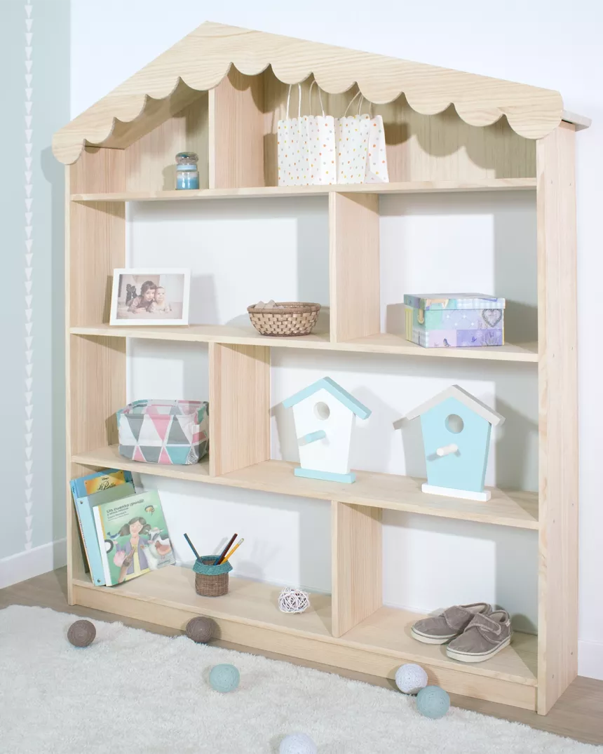 estante infantil casinha de madeira natural
