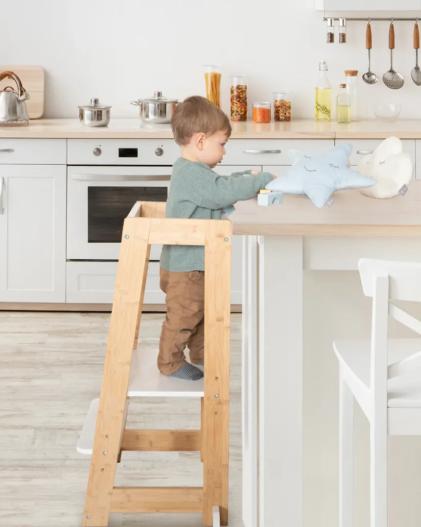 Torre de apredizagem Montessori ajustável - Madeira e branco