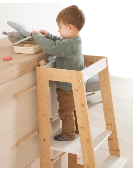 Torre de apredizagem Montessori ajustável - Madeira e branco