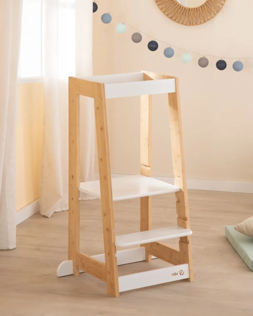 Torre de apredizagem Montessori ajustável - Madeira e branco