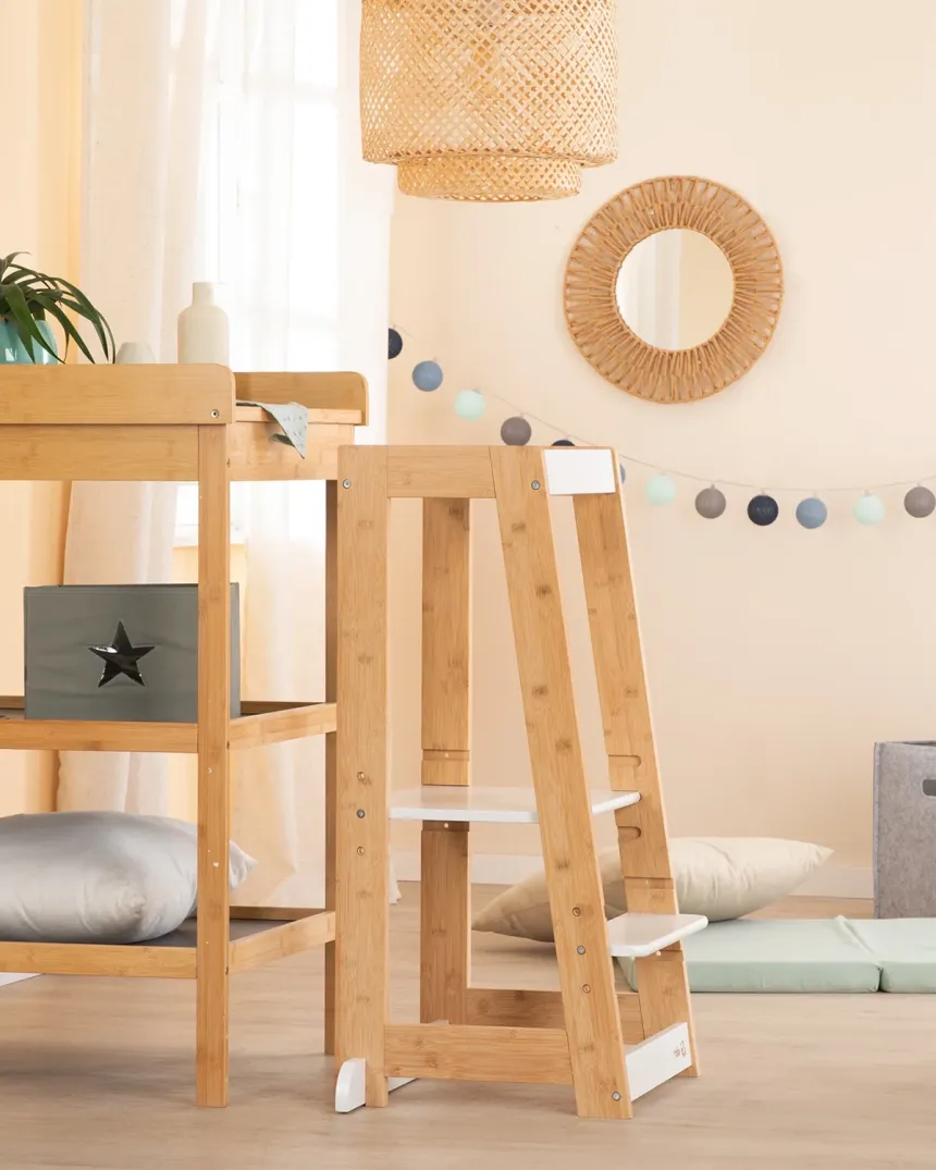 Torre de apredizagem Montessori ajustável - Madeira e branco