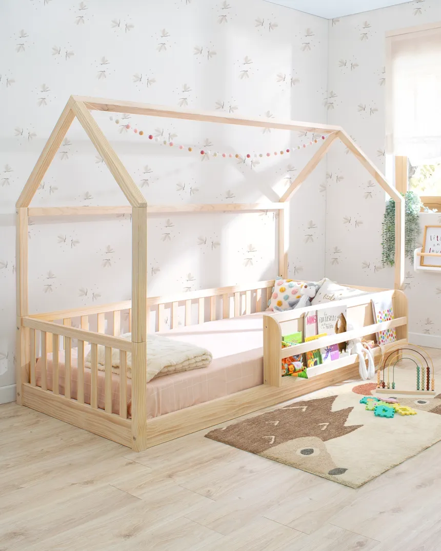 Cama Montessori casinha com estante - madeira