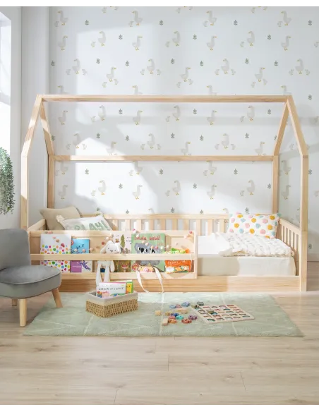 Cama Montessori casinha com estante - madeira