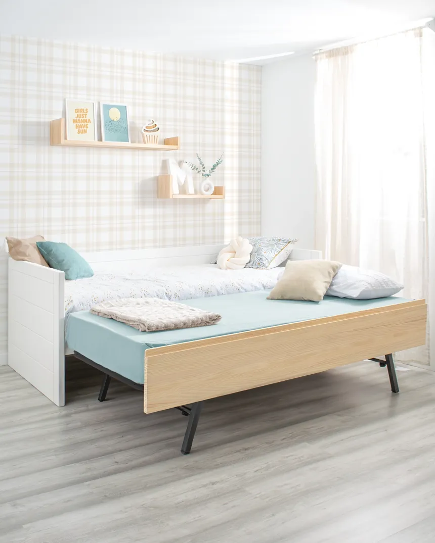 Cama dupla lineal madeira e branco