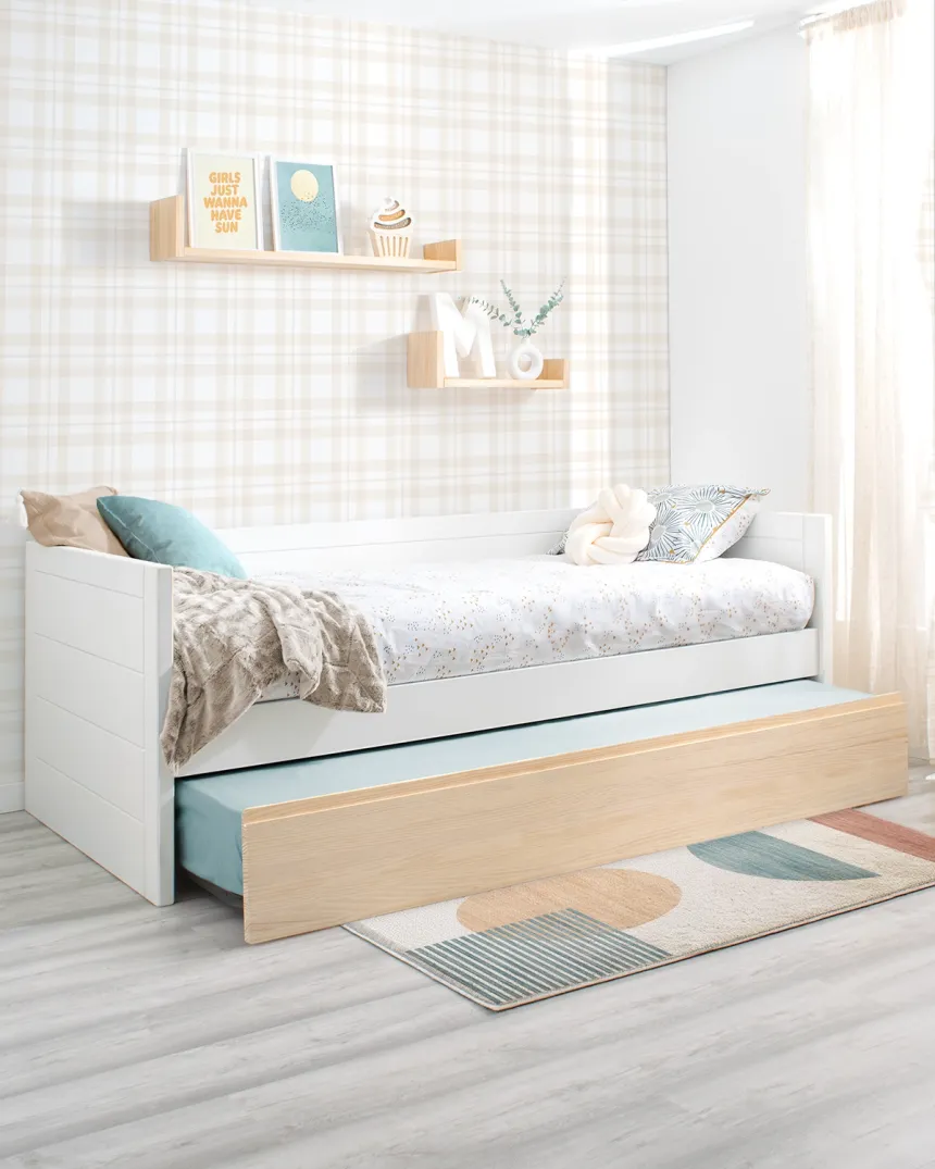 Cama dupla lineal madeira e branco