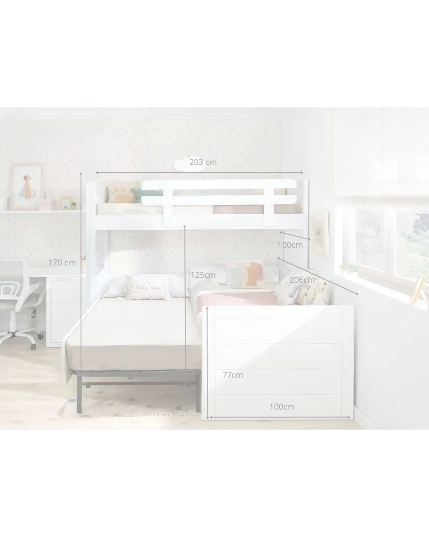 Beliche em L com três camas | Solução para quarto partilhado