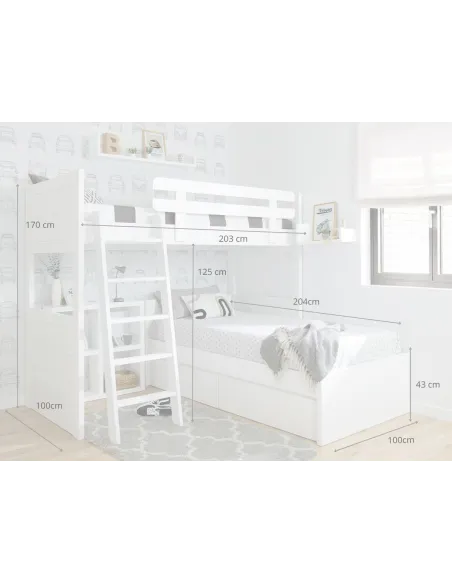 Beliche juvenil em L com gavetas | Envio gratuito!