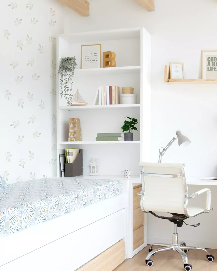 Quarto juvenil con estante e secretária | Móveis Bainba