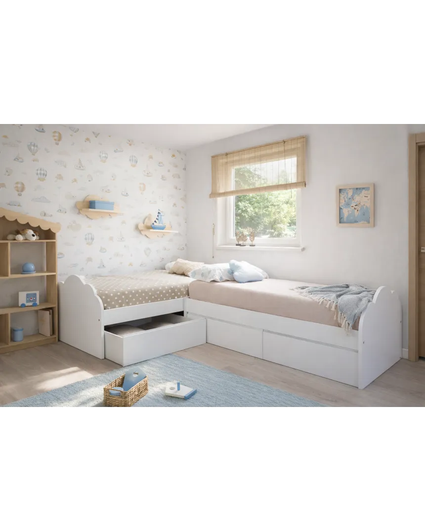 Cama infantil nuvem com gavetas em L | Arrumação e design