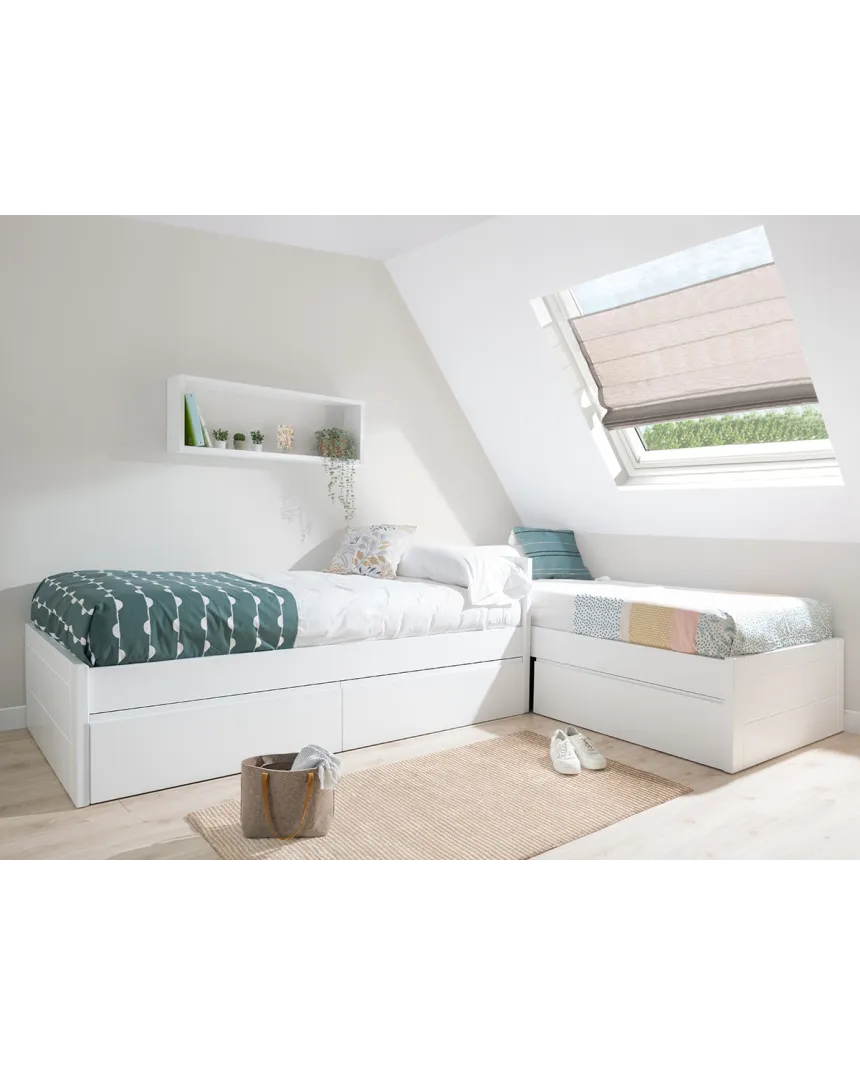 Cama em L para irmãos peseira baixa e gavetas | Móveis bainba