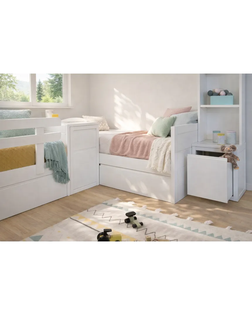 Quarto partilhado em L com camas lineares e estante | Móveis bainba