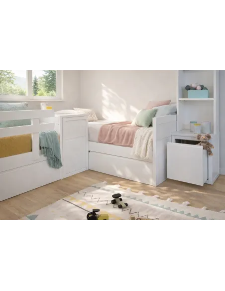 Quarto partilhado em L com camas lineares e estante | Móveis bainba