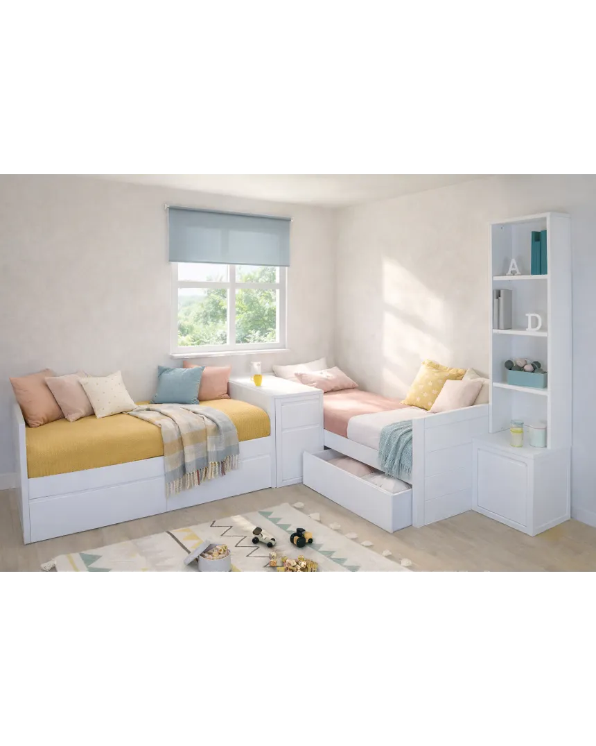 Quarto partilhado em L com camas lineares e estante | Móveis bainba