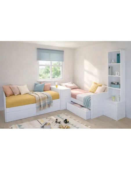 Quarto partilhado em L com camas lineares e estante | Móveis bainba