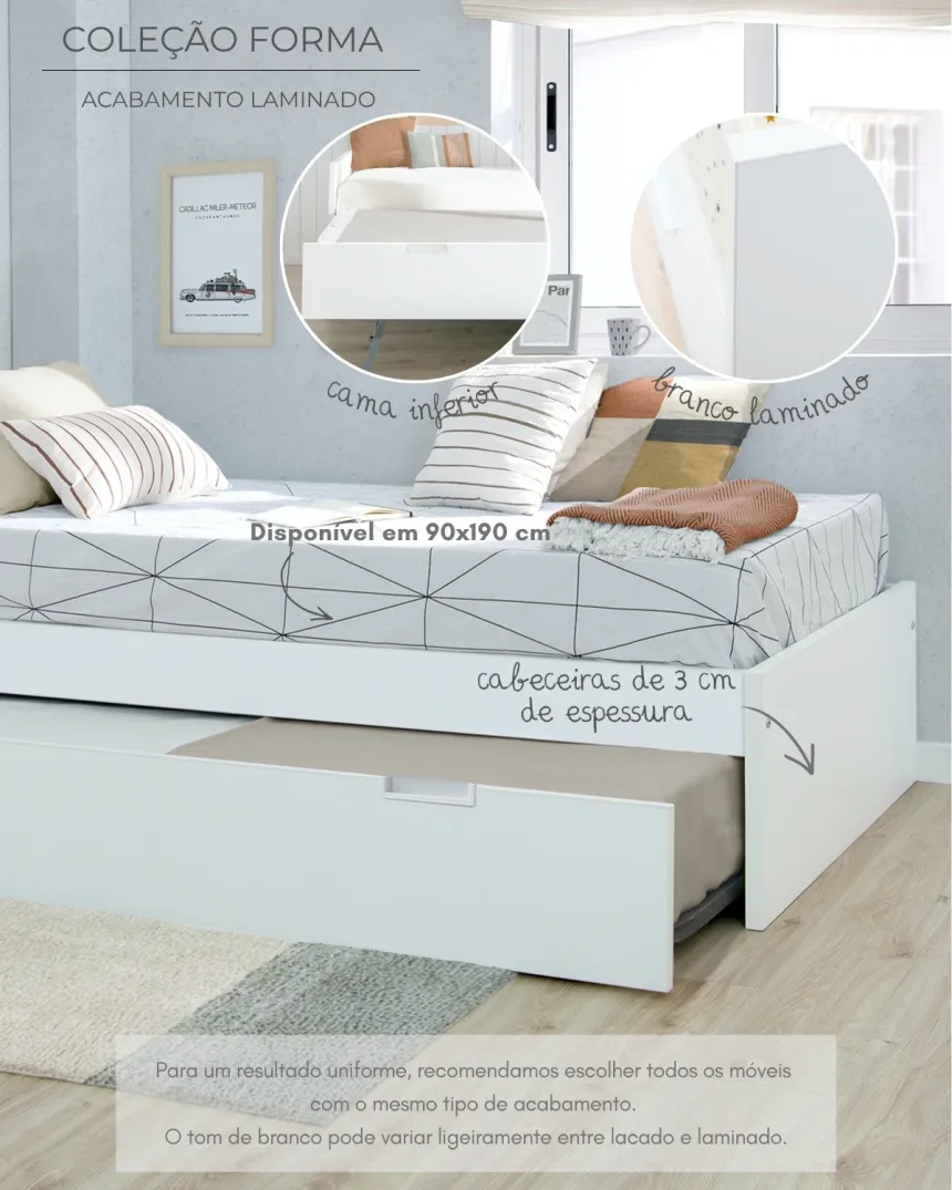 Cama dupla laminada 90 x 190cm | Cabeceira baixa