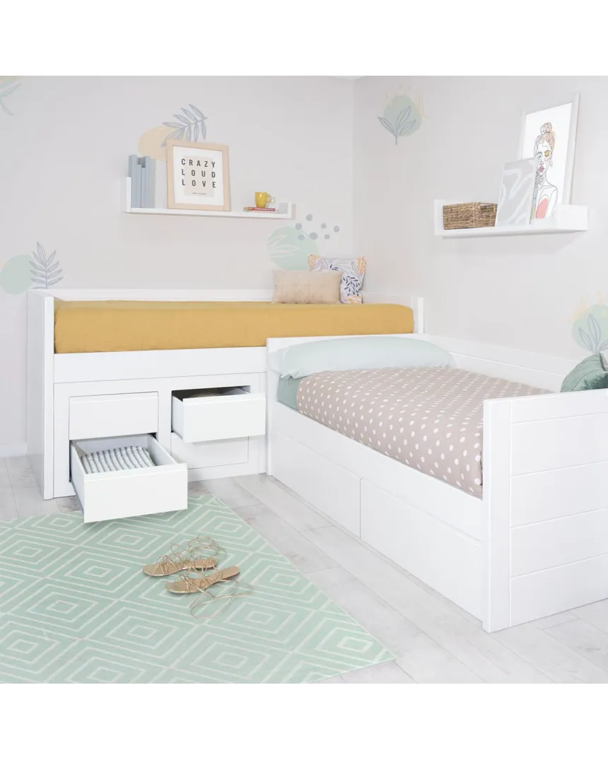 Cama juvenil em L com gavetas. Lineal