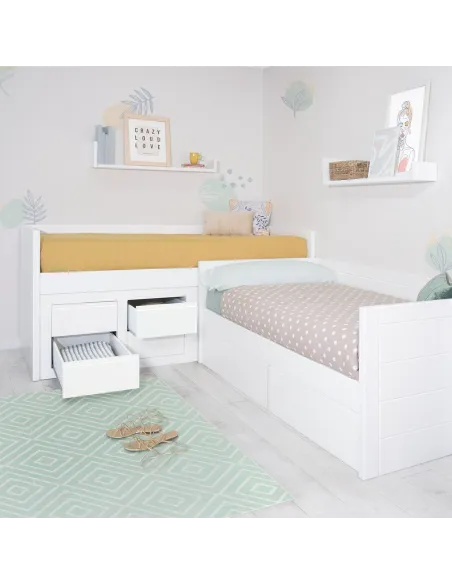 Cama juvenil em L com gavetas. Lineal
