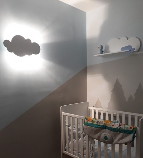 Candeeiro Nuvem infantil e estante nuvem azul infantil.  